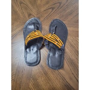 African Beaded Leather Sandals Womens 37 Yellow Orange Black Thong Flat